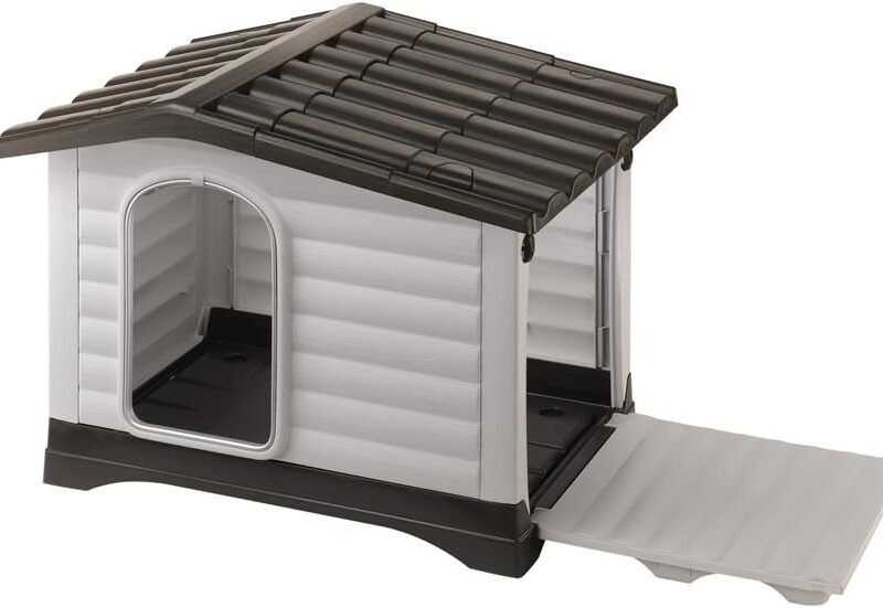 Indoor and Outdoor Dog House for Small Dog Breeds, Measures 28.75L x 23.23W x 20.87H Inches, Ventilated with Patented Fold-Out Porch, Cream with Dark Brown Bottom, Part # 87253099