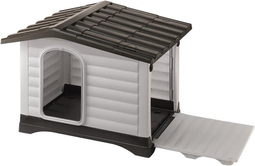 Indoor and Outdoor Dog House for Small Dog Breeds, Measures 28.75L x 23.23W x 20.87H Inches, Ventilated with Patented Fold-Out Porch, Cream with Dark Brown Bottom, Part # 87253099