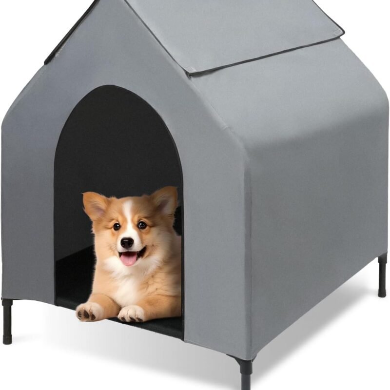 Dog House Outdoor, 2-in-1 Dog House for Small/Medium Dogs, Elevated Dog Bed with Canopy Weatherproof Puppy Shelter with Windows (Grey, 36 Inch)