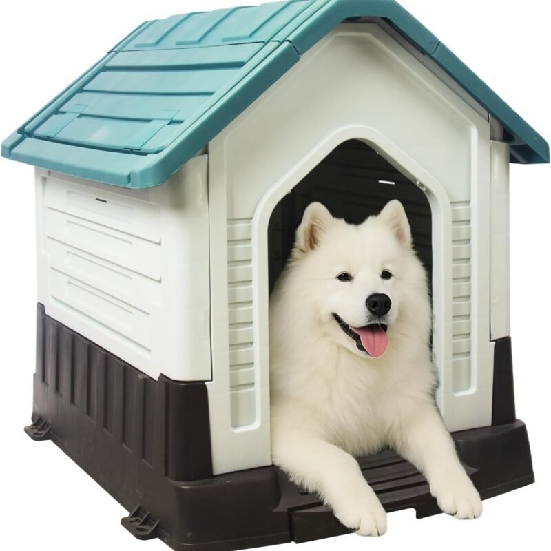 Dog House Indoor Outdoor Durable Waterproof Pet Plastic Dog House for Medium Large Dogs Insulated Puppy Shelter Kennel Crate with Air Vents and Elevated Floor (Blue, 33.1" Wx27.4 Dx30.1 H)