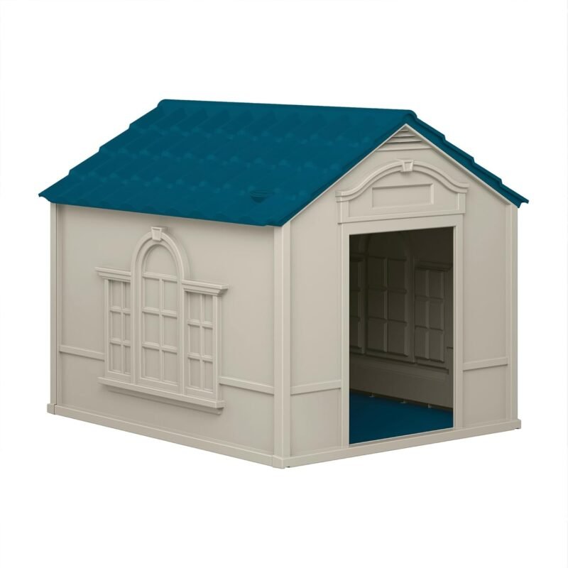 Deluxe Dog House for Dogs up to 100 Pounds with Removable Roof, Vents, Crowned Channeled Floor, and Personalization Labels, Taupe/Blue