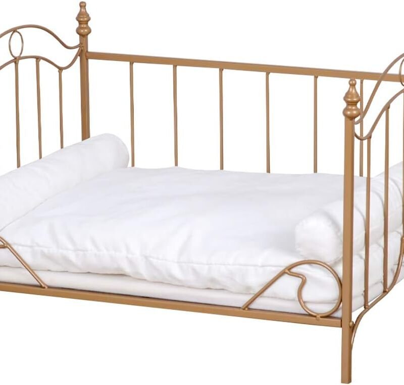 Pet Bed, Dog Bed with Metal Frame and Detached White Velvet Cushion with 2 Pillow for Small Dog