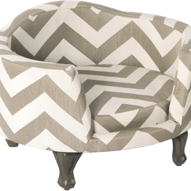 Home Decor | Upholstered Curved Pet Bed | Luxury Cat & Dog Beds & Furniture | Round Pet Bed Created with Durable Upholstery Fabric, Cream and Gray Stripes