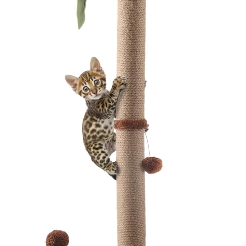 Cat Scratching Post, 34'' Tall Cat Scratchers for Indoor Cats with Hanging Balls, Tall Cute Sisal Kitten Scratch Post with Reinforced Stable Base, Brown, Medium
