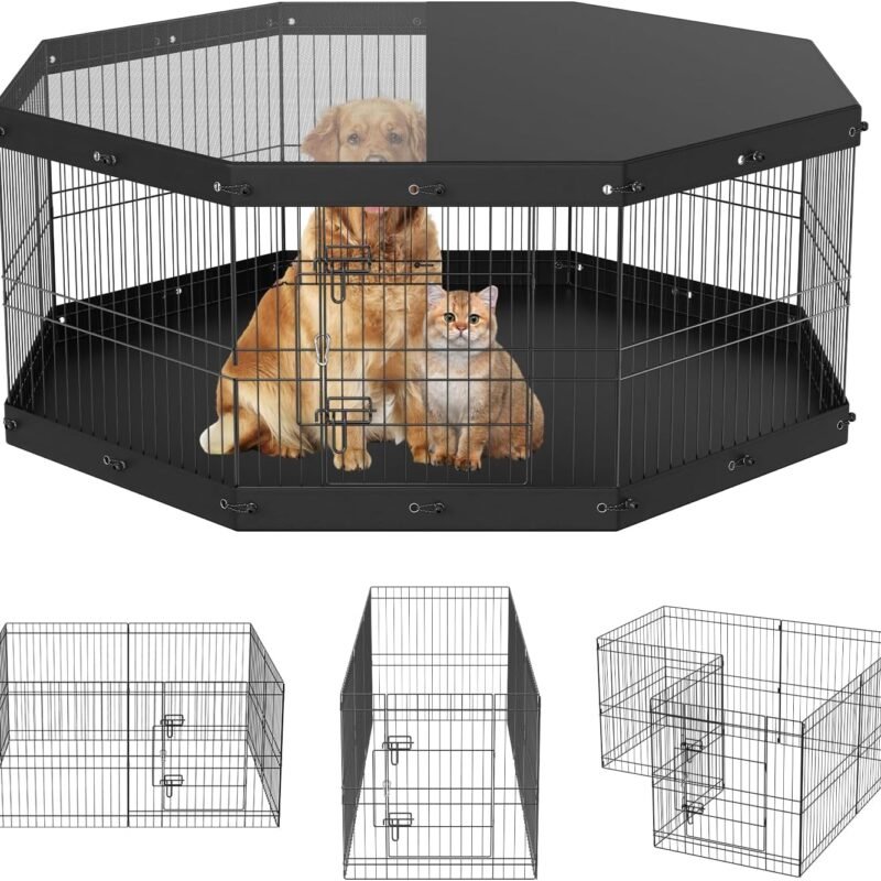 Foldable Metal Dog Exercise Pen, Pet Playpen Dog Fence for Camping with Top Cover and Bottom Pad, 24" H 8 Panels, Puppy Crate Kennel Indoor Outdoor for Medium Dogs, Both for Home&Yard