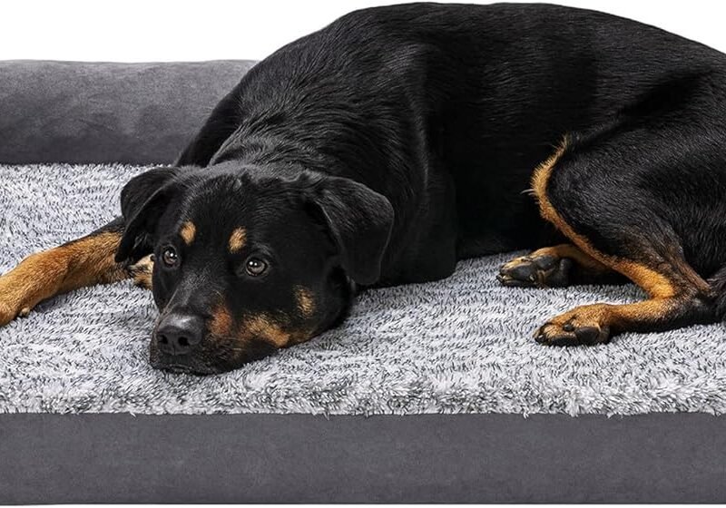 Orthopedic Dog Bed for Large Dogs w/ Removable Bolsters & Washable Cover, For Dogs Up to 95 lbs - Two-Tone Plush Faux Fur & Suede L Shaped Chaise - Stone Gray, Jumbo/XL