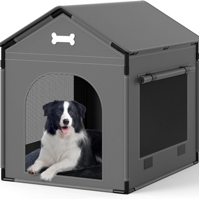 Large Dog House Indoor with Plush Cushion, Dog Kennel for Inside with Sturdy Frame, Waterproof Pet House Suitable for Small Medium Dogs, 27x21x27in, Gray