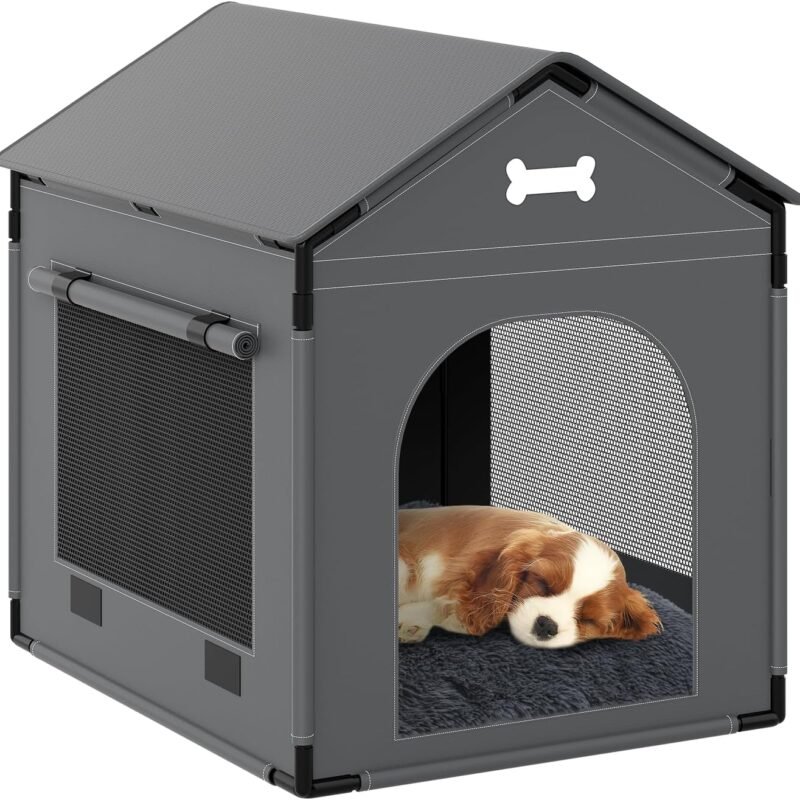 Dog House Indoor, Large Doghouse Soft with Frame, Waterproof Pet House for Medium Large Dogs with Oxford Fabric, Warm Indoor Dog House Bed with Soft Cushion, 27.56x21.26x26.77in, Dark Gray