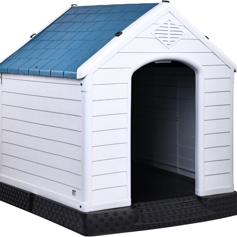 Plastic Dog House, Insulated Doghouse Puppy Shelter, Water Resistant Easy Assembly Sturdy Dog Kennel with Elevated Floor and Air Vents, Ventilate for Small to Large Sized Dogs (29-Inch, Blue)