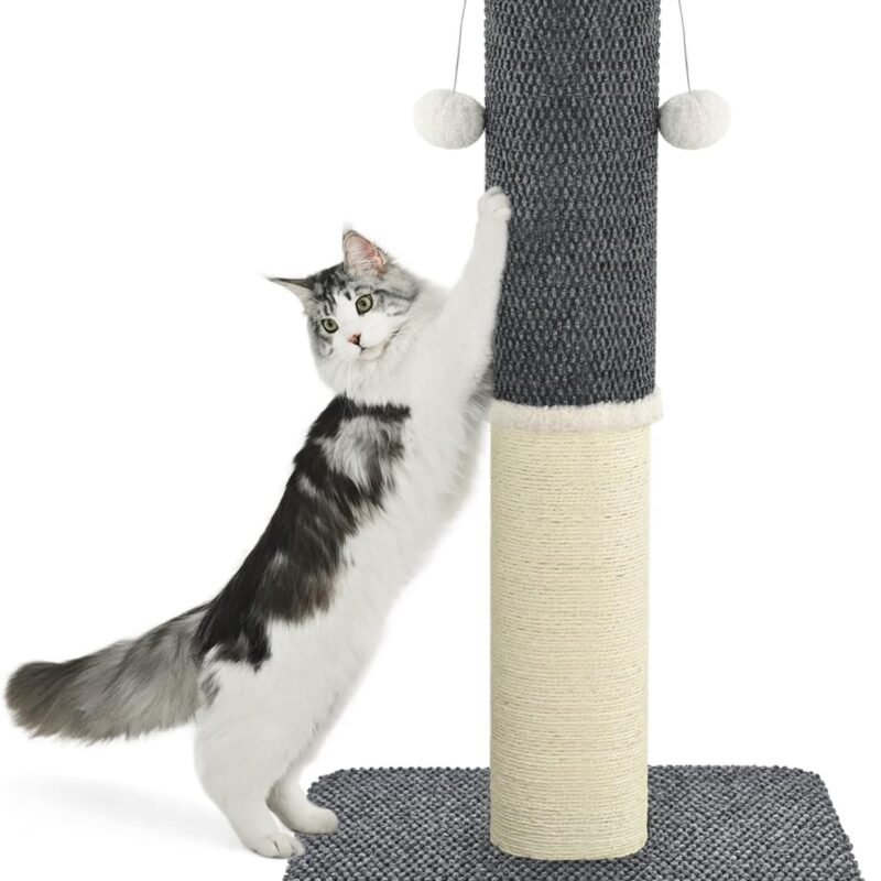 Tall Cat Scratching Post, Heavy Duty and Thicker Scratching Posts for Indoor Cats Adults, 33" Natural Sisal Cat Scratcher with Hanging Balls, Sturdy Base Cat Scratch Post, Dark Grey