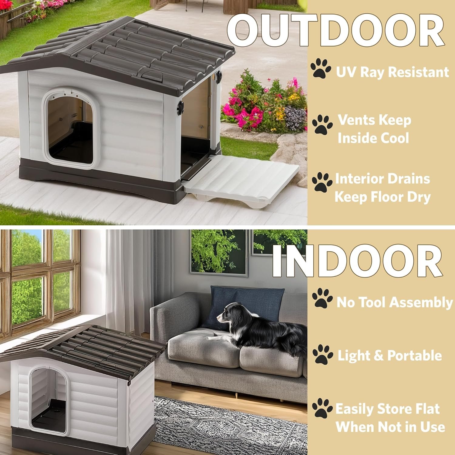 Indoor and Outdoor Dog House for Small Dog Breeds, Measures 28.75L x 23.23W x 20.87H Inches, Ventilated with Patented Fold-Out Porch, Cream with Dark Brown Bottom, Part # 87253099 - Image 2