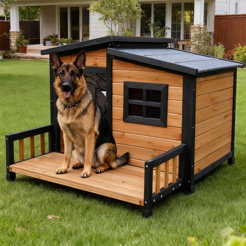Large Indoor Outdoor Dog House,Wood Insulated Dog House,Weatherproof Outside Shelter with Elevated Floor,Easy to Assemble(39.3" L x 37.5" W x 30" H)